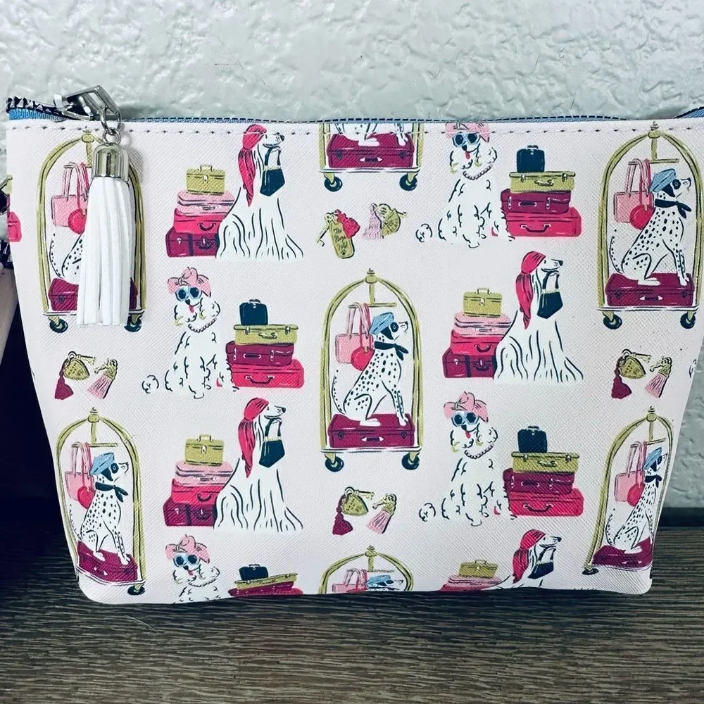 Travel Dog Hotel Luggage Print Pink Zipper Cosmetic Pouch Bag